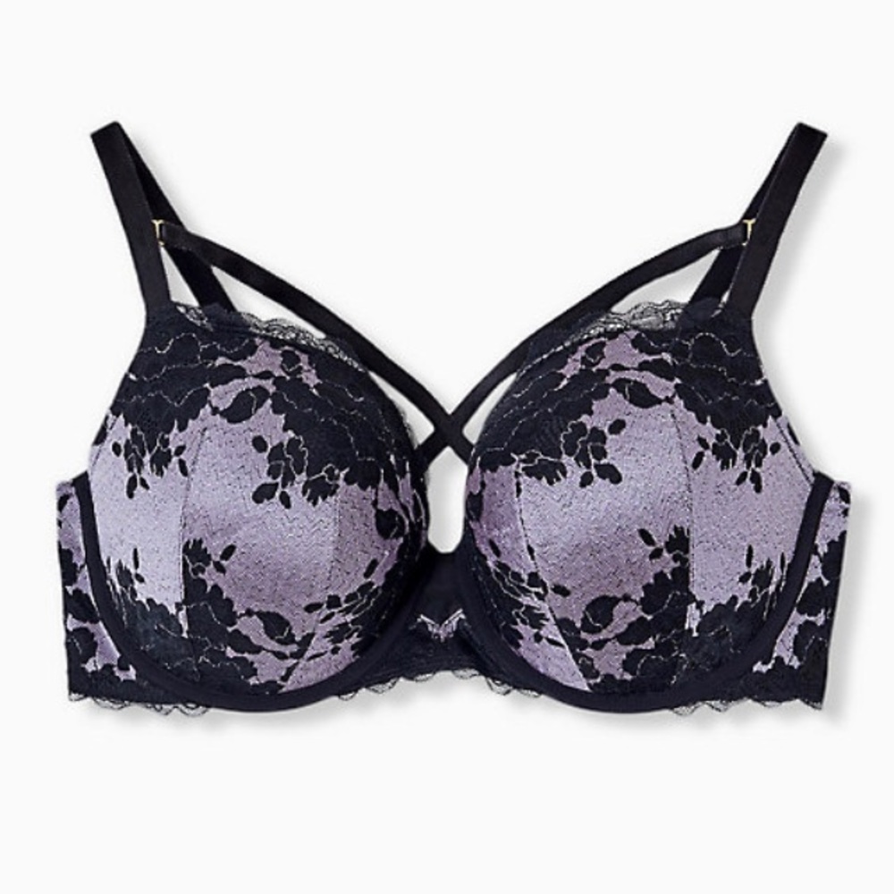 LILAC PURPLE BLACK LACE STRAPPY PUSH-UP BRA